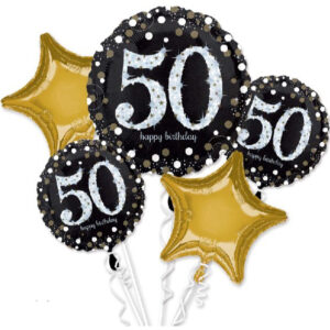 Happy 50th Birthday - Svart og Gullfarget Ballongbukett med 5 Folieballonger
