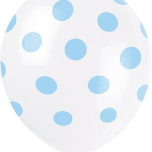 6 stk 30 cm - Hvite Ballonger med Lys Blå Polka Dots