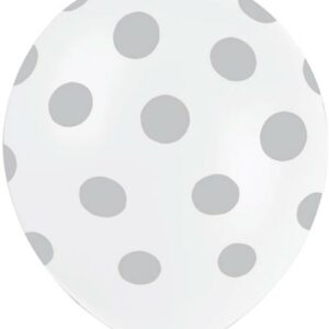 6 stk 30 cm - Hvite Ballonger med Sølvfargede Polka Dots