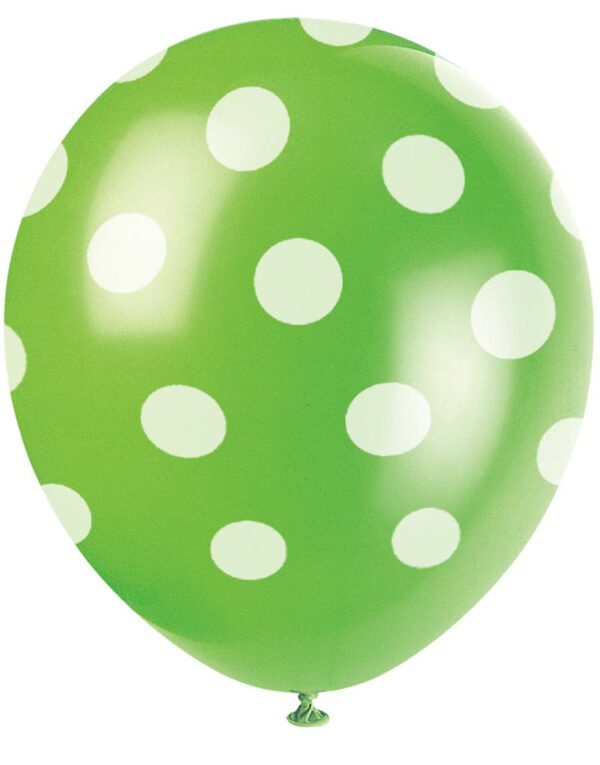 6 stk 30 cm - Limegrønne Ballonger med Hvite Polka Dots