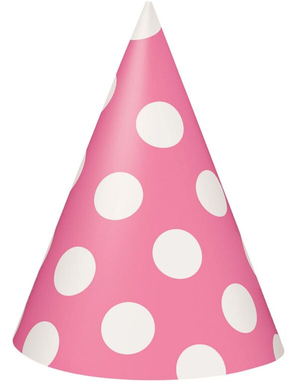 8 stk Rosa Partyhatter med Hvite Polka Dots