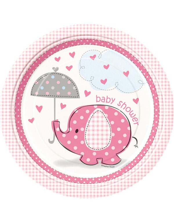 8 stk Papptallerkener 22 cm - Babyshower Pink Elephant