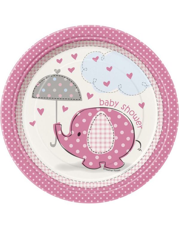 8 stk Små Papptallerkener 17 cm - Babyshower Pink Elephant