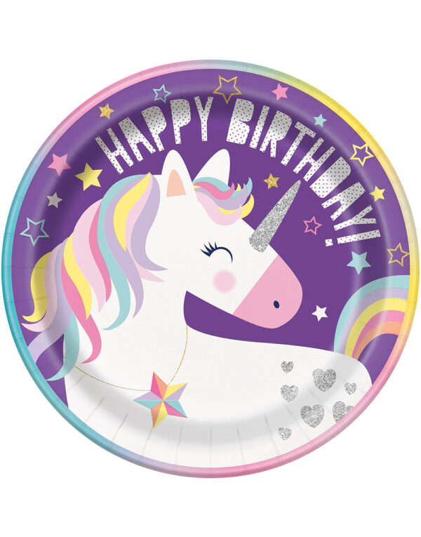 8 stk Papptallerkener 23 cm - Happy Birthday Unicorn