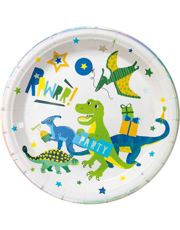 RAWRR 8 stk. Dinosaur Party Papptallerkener med Holografisk Trykk 23cm