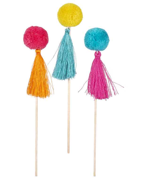 6 stk Mat- / Coctailpinner med Pom Poms og Dusker 16 cm