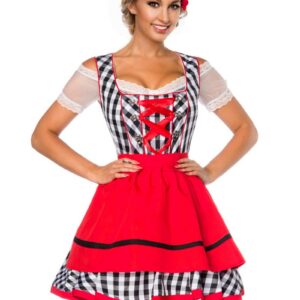 Rutete Svart og Hvit Dirndl Oktoberfestkostyme med Røde Partier