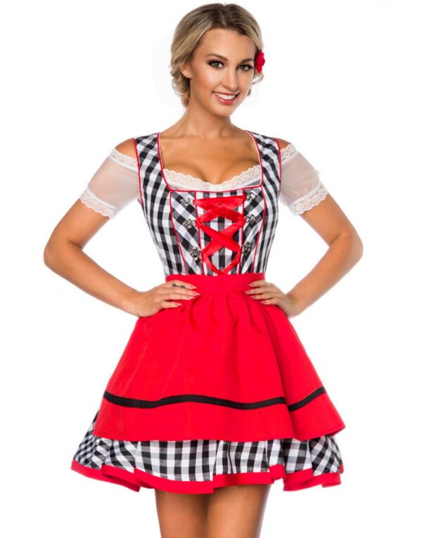 Rutete Svart og Hvit Dirndl Oktoberfestkostyme med Røde Partier