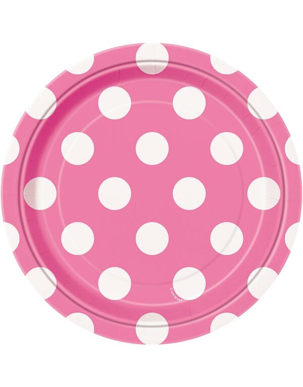 8 stk Rosa Små Papptallerkener med Hvite Polka Dots 17 cm