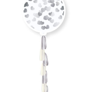 1 stk 91 cm - Ballong med Sølvfarget Hjertekonfetti og Ballonghale