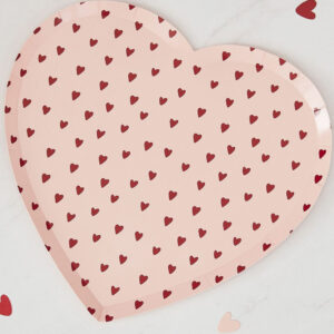 8 stk Rosa Hjerteformede Papptallerkener med Røde Hjerter
