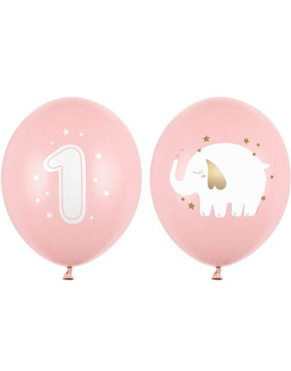 50 stk Rosa Ballonger med Motiv av Elefant og 1-Tall 30 cm