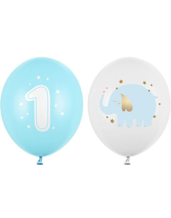 50 stk Blå og Hvite Ballonger med Motiv av Elefant og 1-Tall 30 cm