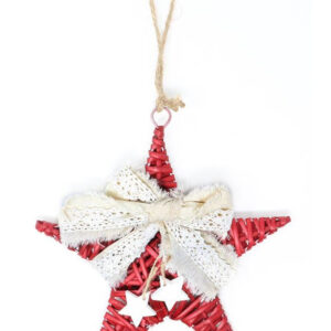 Rød Stjerne med Bånd og Hvite Stjerner - 22 cm Juledekorasjon