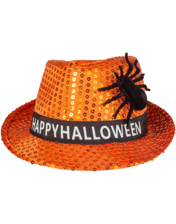 Oransje Hallowen Fedora med Lys & Edderkopp