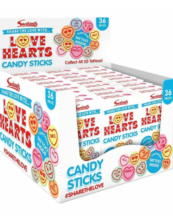 36 stk Love Hearts Sukkertøystenger med Midlertidige Tatoveringer - Hel Eske 648 gram