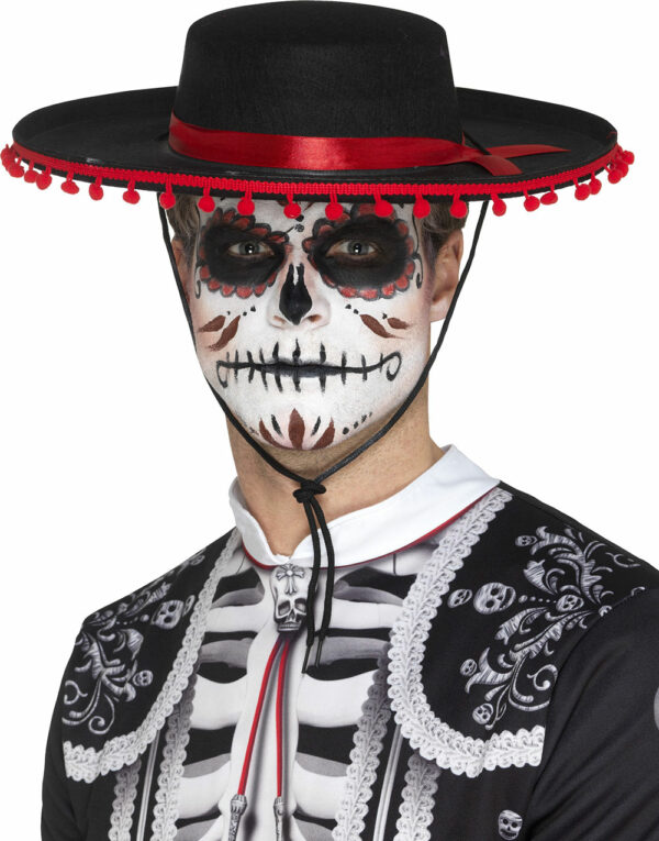 Svart Day of the Dead Hatt med Rødt Bånd og Dusker