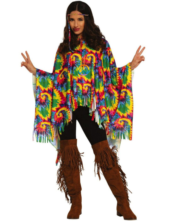 Trippy Hippie Tie Dye Poncho med Frynser og Hodebånd