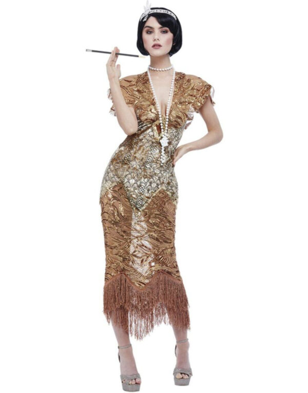 Gullfarget Deluxe 20's Sequin Flapper Kostyme til Dame