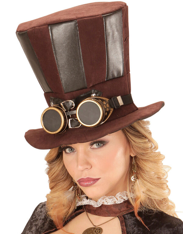 Brun Steampunk Flosshatt med Skinnimiterte Partier og Goggles