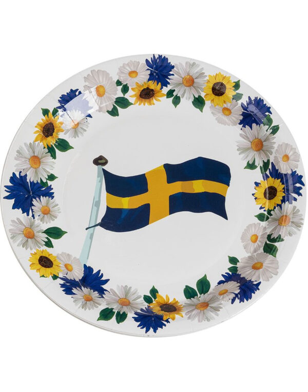 8 stk Hvite Papptallerkener med Blomster og Svenskeflagget 23 cm