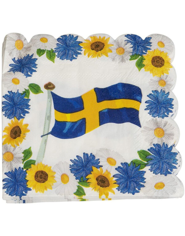 16 stk. Hvite Servietter med Blomster og Svenskeflagget 33x33 cm