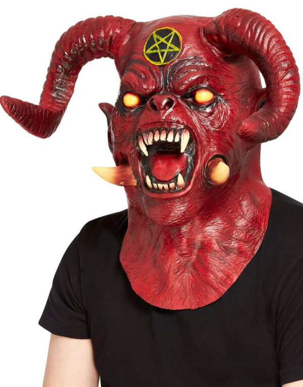 Heldekkende Satanistisk Djevel Latexmaske med Store Horn