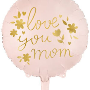 Love You Mom - Rund Askerosa Folieballong med Gullskrift 35 cm