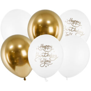 6 stk 30 cm - Pastellhvite og Gullfargede Happy Birthday To You Ballonger