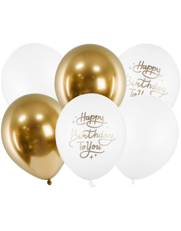 6 stk 30 cm - Pastellhvite og Gullfargede Happy Birthday To You Ballonger