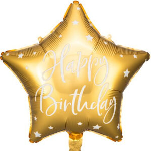 Happy Birthday! - Stjerneformet Gullfarget Folieballong med Hvit Skrift 40 cm