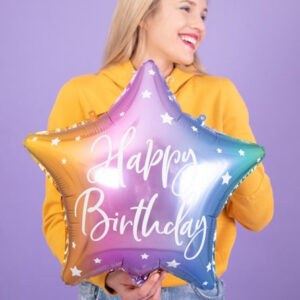 Happy Birthday! - Stjerneformet Flerfarget Folieballong med Hvit Skrift 40 cm