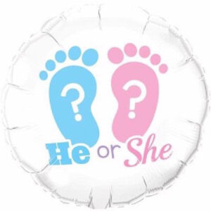 He or She - Rund Hvit Folieballong med Føtter ca 46 cm - Gender Reveal