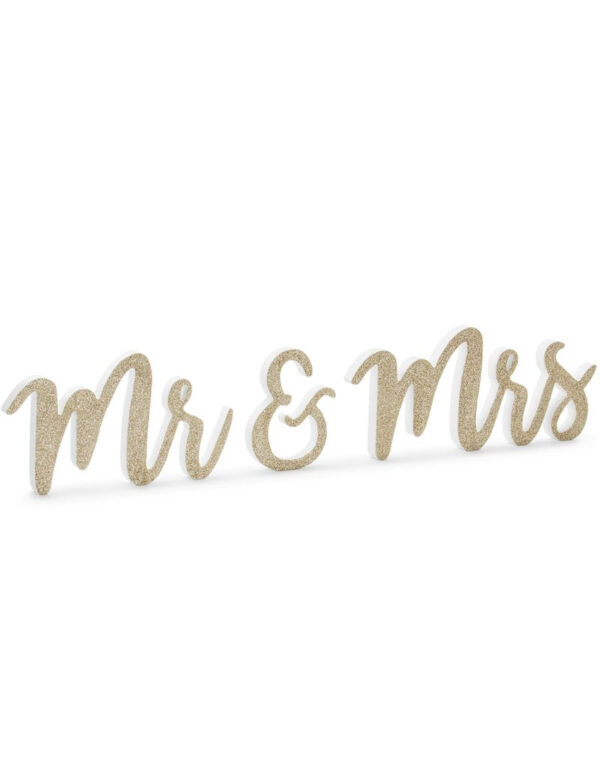 Mrs & Mrs Treskilt med Gullfarget Glitter 50x10cm