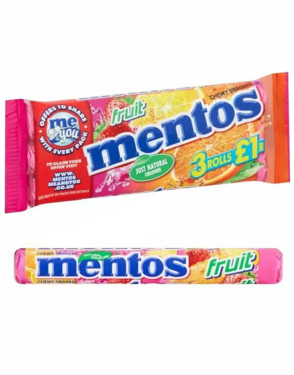 3 stk Ruller med Mentos Fruit 114 gram