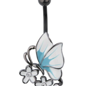 Bellypiercing with Butterfly on Flowers - Black/White/Blue