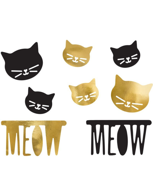 8 Pk med Katteansikter og Meow Tekster i Gull og Svart - Små Papir Dekorasjon