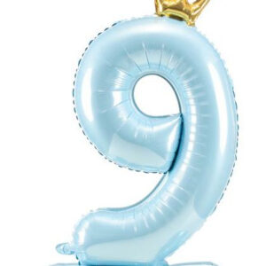 Lys Blå Stående "9" Folieballong med Krone 84 cm