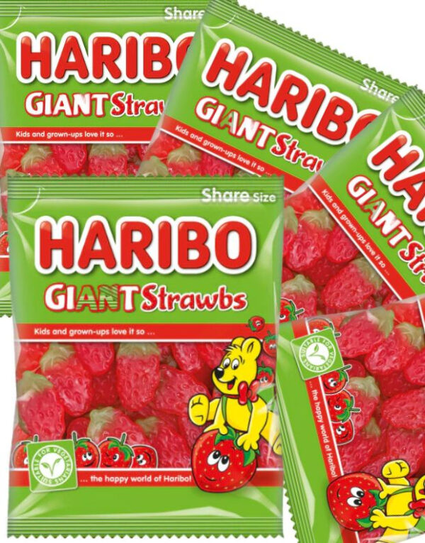 12 stk Haribo Giant Strawbs - Poser med Jordbær Vingummi - Hel Eske 1920 gram