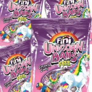 12 poser med Fini Unicorn Balls Fizz / Regbuefarget Sukkertøy med Surt Pulver - Hel Eske 960 gram