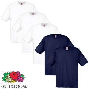 5 Fruit of the Loom Original T-skjorte 100% Bomull Hvit og Marineblå Str. S