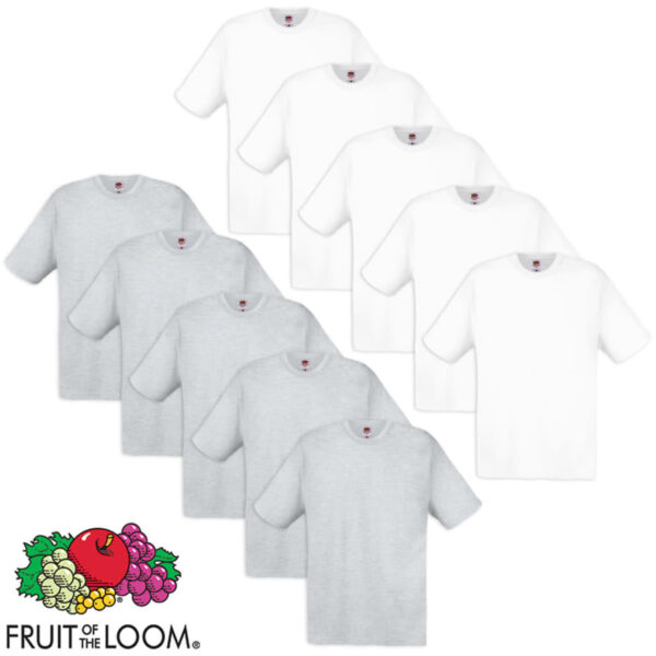 10 Fruit of the Loom Original T-skjorter 100% Bomull Hvit og Grå