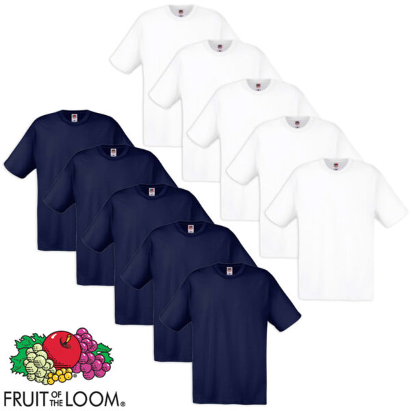 10 Fruit of the Loom Original T-skjorter 100% Bomull Hvit og Marineblå