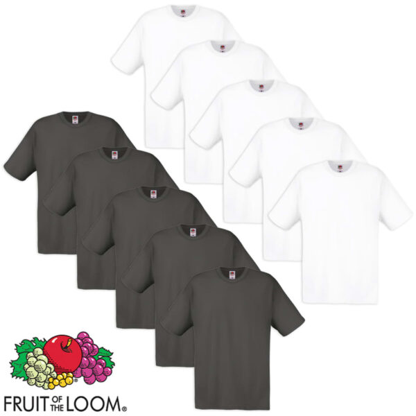 10 Fruit of the Loom Original T-skjorter 100% Bomull Hvit og Grafitt