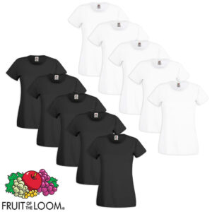 10 Fruit of the Loom Ladies Rund T-skjorte Bomull Hvit/Svart XS