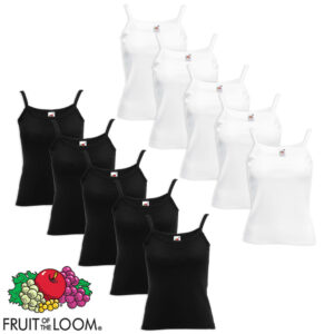 10 Fruit of the Loom Singlet med Tynne Stropper Dame Bomull Hvit/Sort M