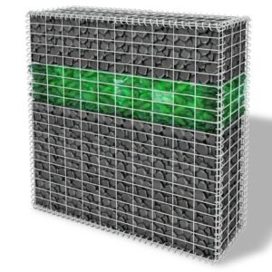 vidaXL Gabion hagevegg med glassteiner og LED-lampe 100x30x100 cm