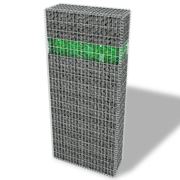 vidaXL Gabion hagevegg med glassteiner og LED-lampe 85x30x200 cm