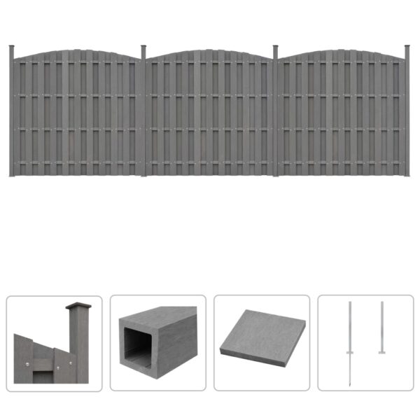 vidaXL Gjerdesett WPC 3 paneler buet 562x(165-185) cm grå