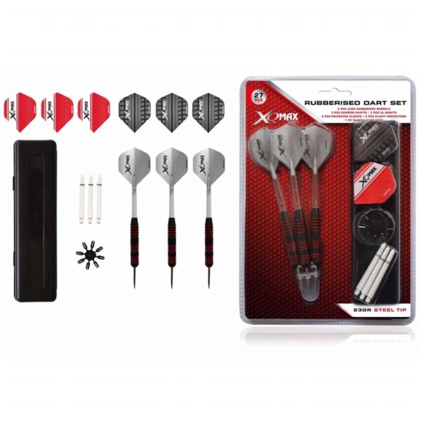 XQmax Darts Gummibelagt dartsett 27 deler 23g stålspisser QD7000660